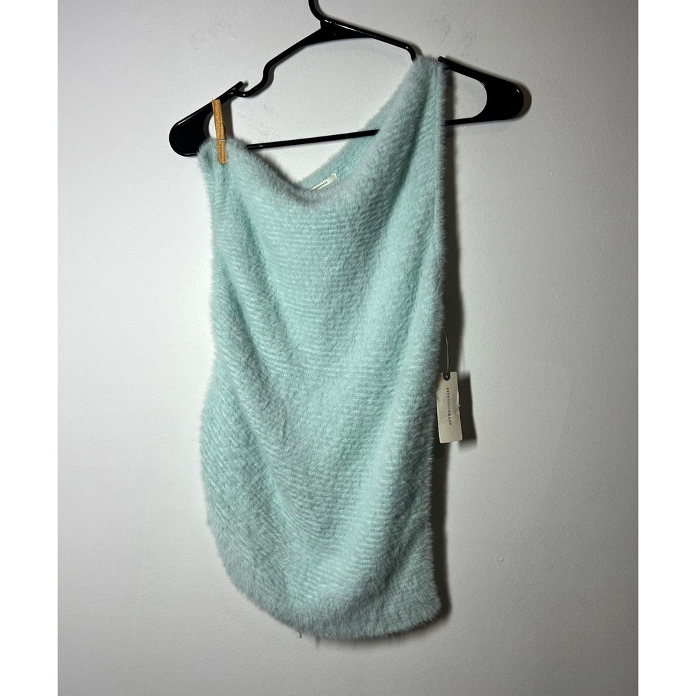 NWT Anthropologie Women's Light Blue Fuzzy Knit One Shoulder Ruched Top Sz M